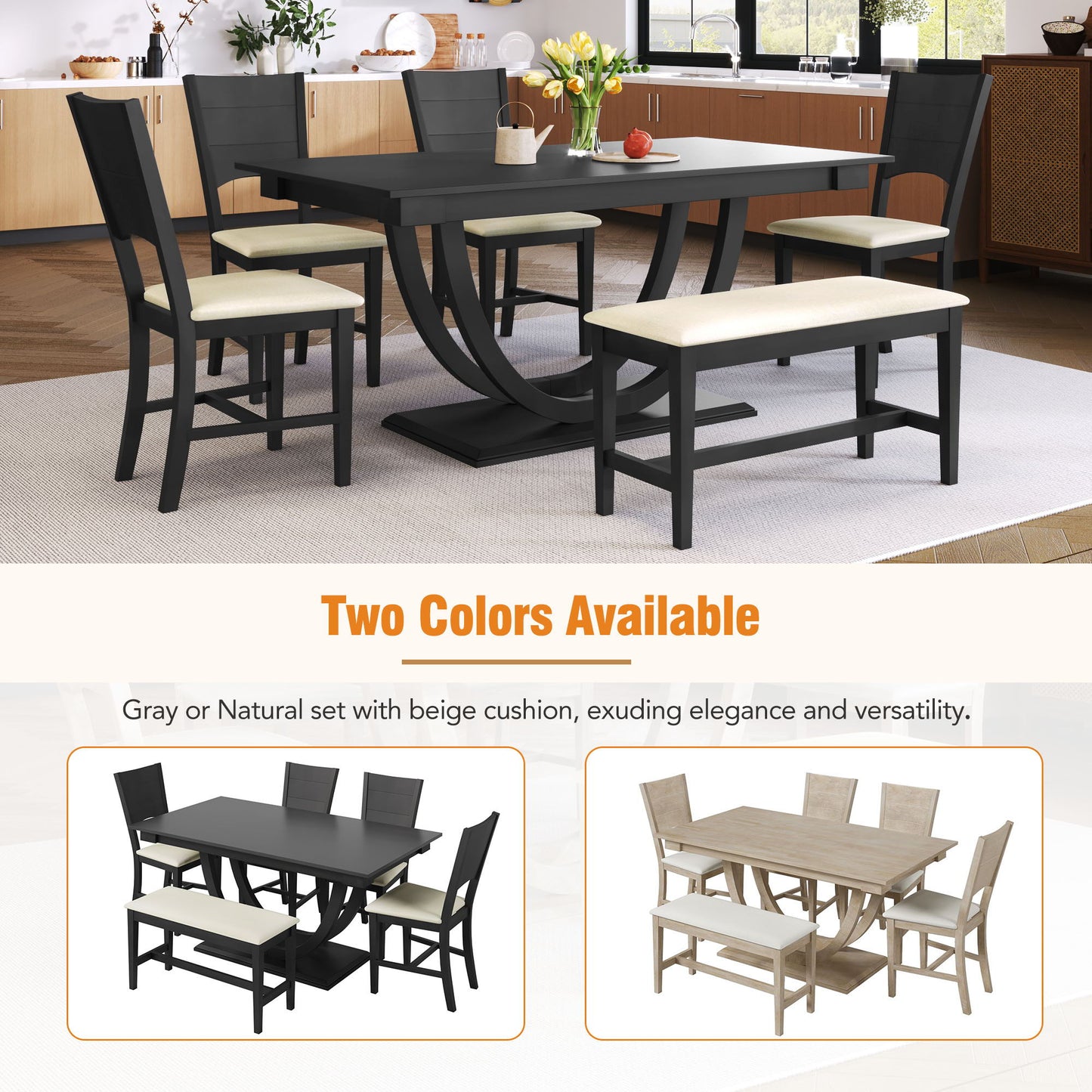 Topmax - 6 Piece Wood Half Round Dining Table Set Kitchen Table Set With Long Bench And 4 Dining Chairs, Modern Style - Gray