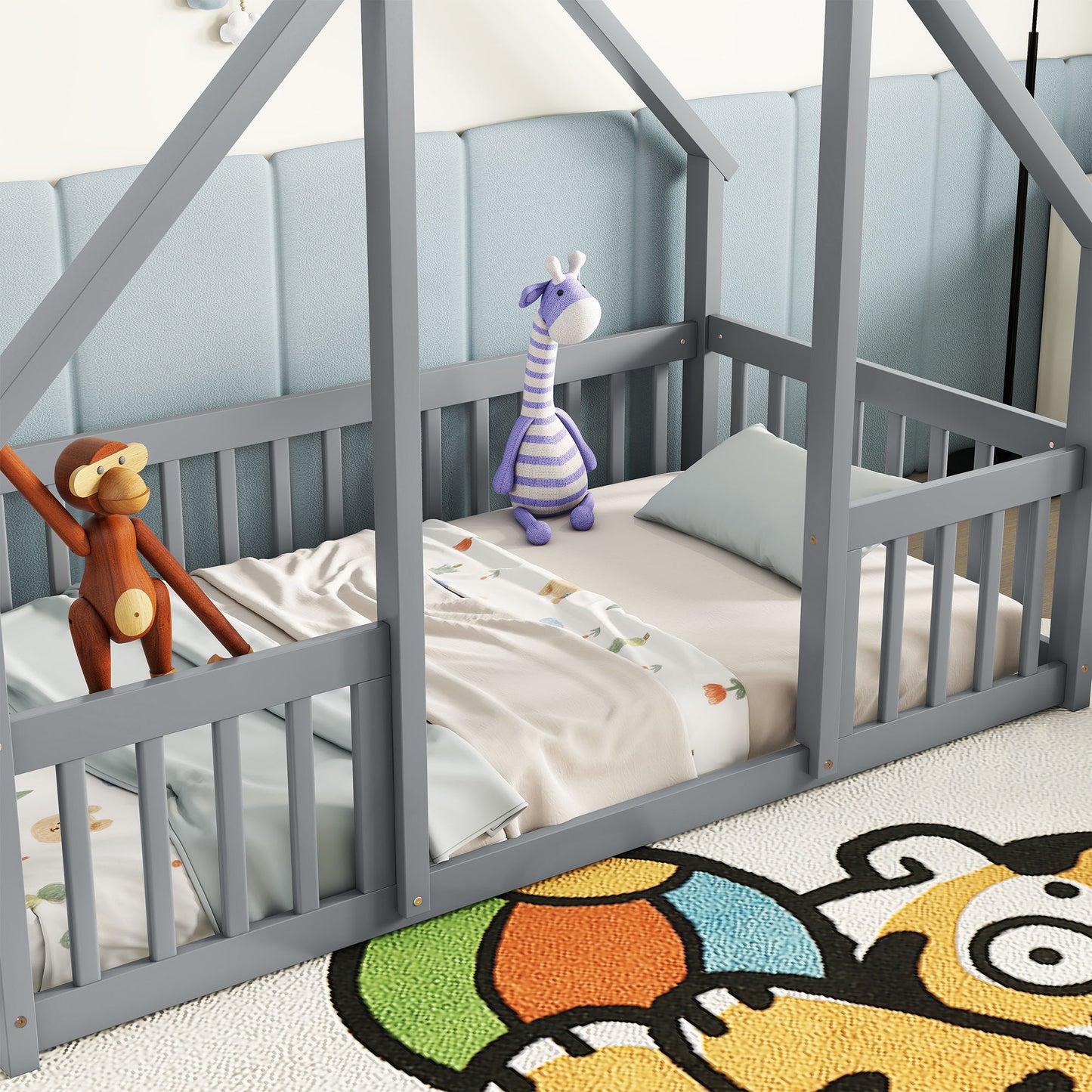 Twin Wood House-Shaped Floor Bed With Fence, Guardrails - Gray