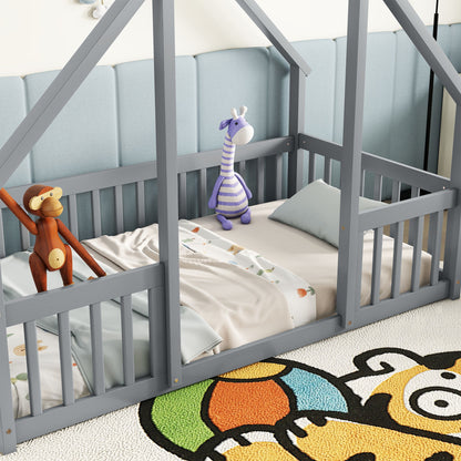 Twin Wood House-Shaped Floor Bed With Fence, Guardrails - Gray