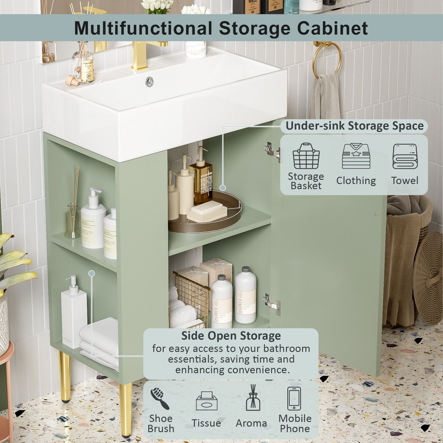 Bathroom Vanity, Combo Cabinet, Bathroom Storage Cabinet, Single Ceramic Sink, Left Side Storage - Green