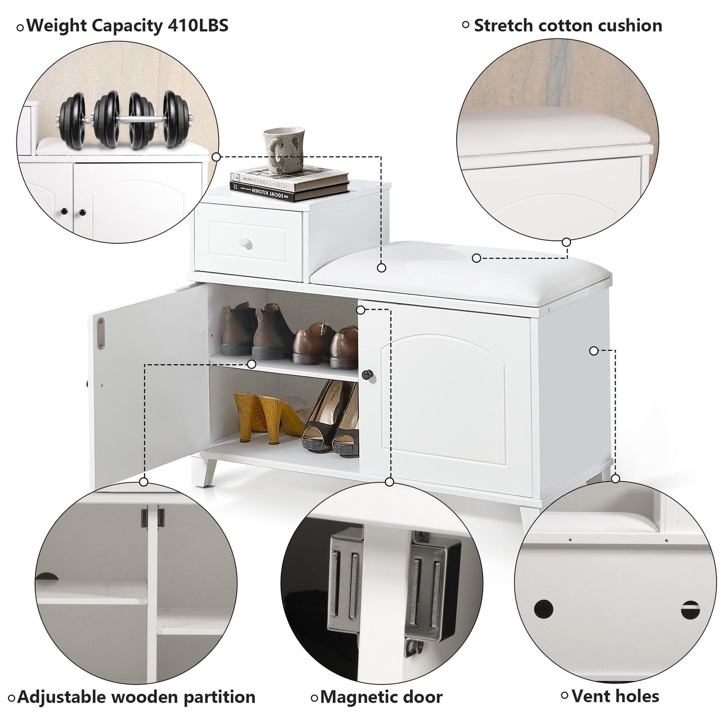 Shoe Storage Bench Cabinet With Fireproof Cushion, Double Doors And Movable Drawer For Door Entrance - White