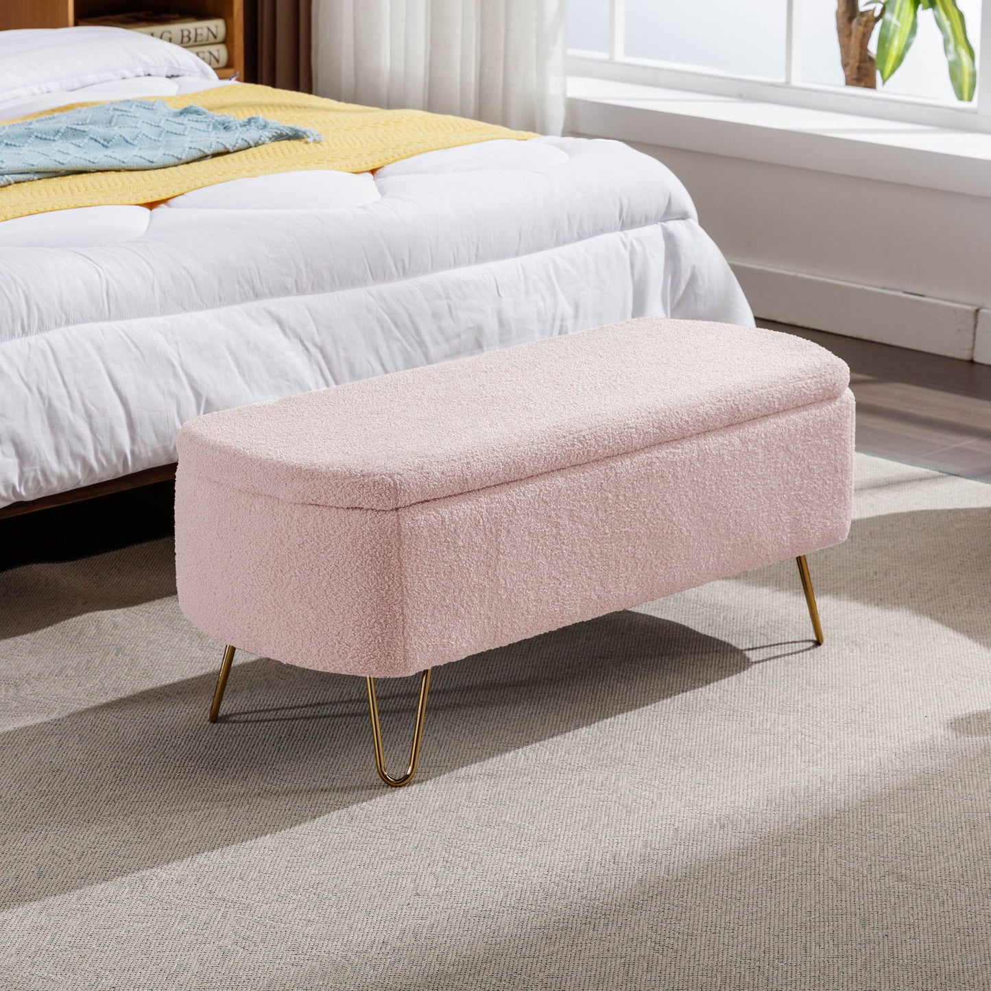 Storage Ottoman Bench For End Of Bed Gold Legs, Modern Gray Faux Fur Entryway Bench Upholstered Padded With Storage For Living Room Bedroom - Pink