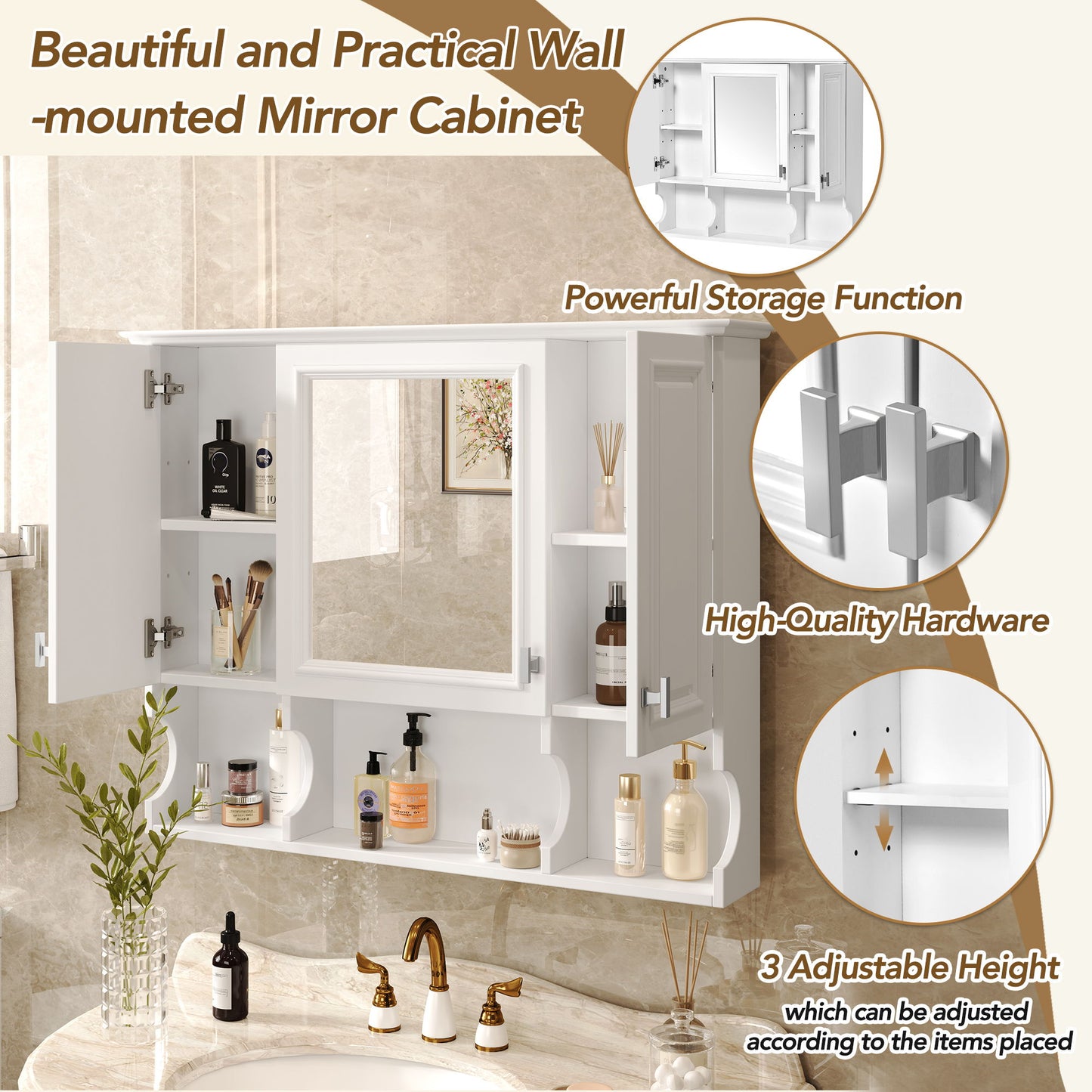 Wall Mounted Bathroom Medicine Cabinet, Modern Bathroom Wall Cabinet With Mirror, Mirror Cabinet With Open Shelves - White