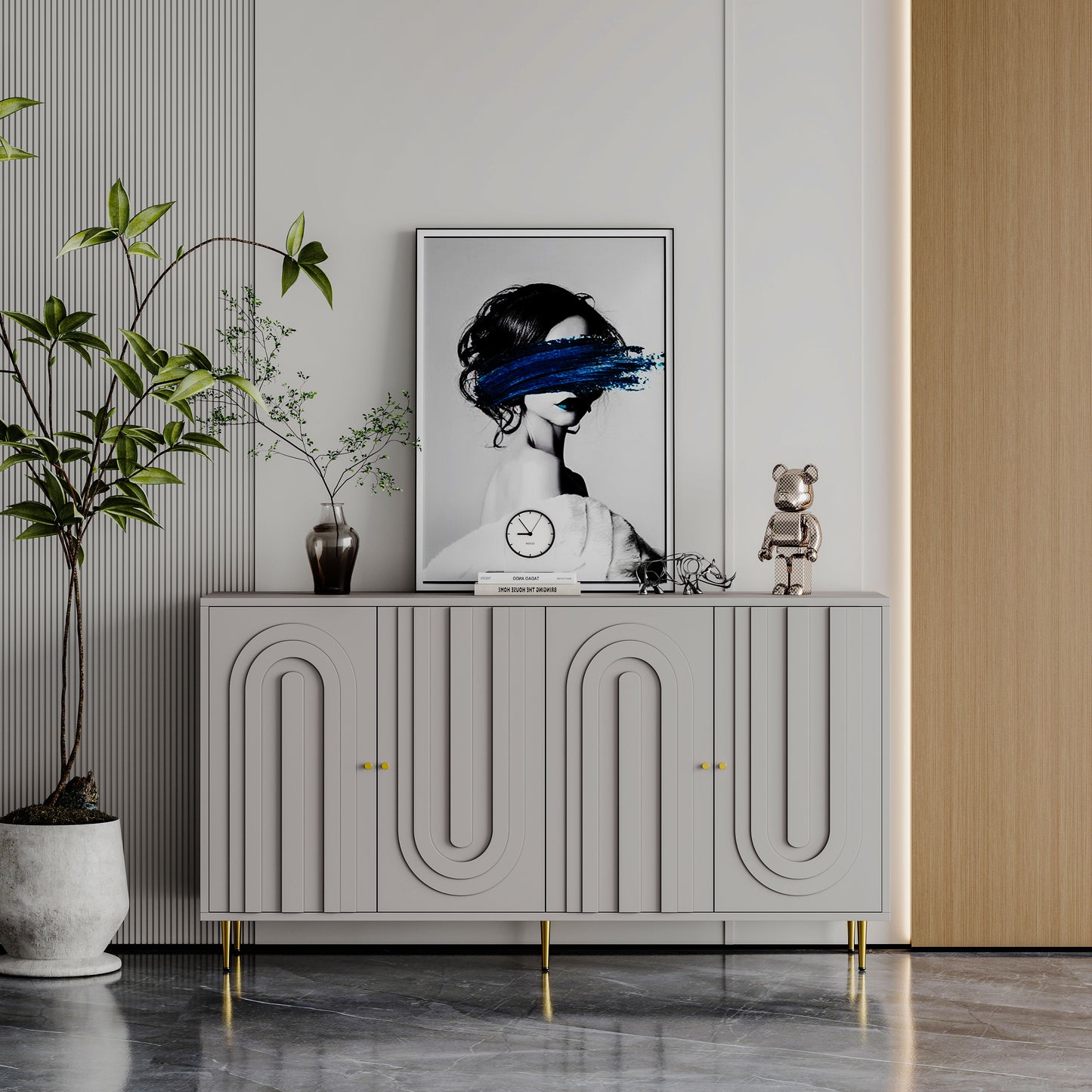 Modern Lacquered 4 Door Wooden Cabinet Sideboard Buffet Server Cabinet Storage Cabinet, For Living Room, Entryway, Hallway, Office, Kitchen And Dining Room - Gray