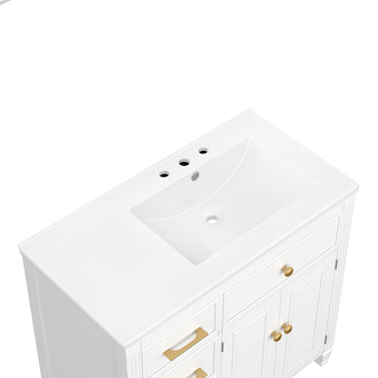 Modern Bathroom Vanity With Ceramic Sink, Freestanding, One Tip - Out Drawer, 3 Side Drawers, Adjustable Shelf - White