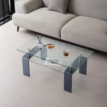 Modern Tempered Glass Coffee Table With 2 Tier Storage And Smoke Legs For Living Room - Transparent