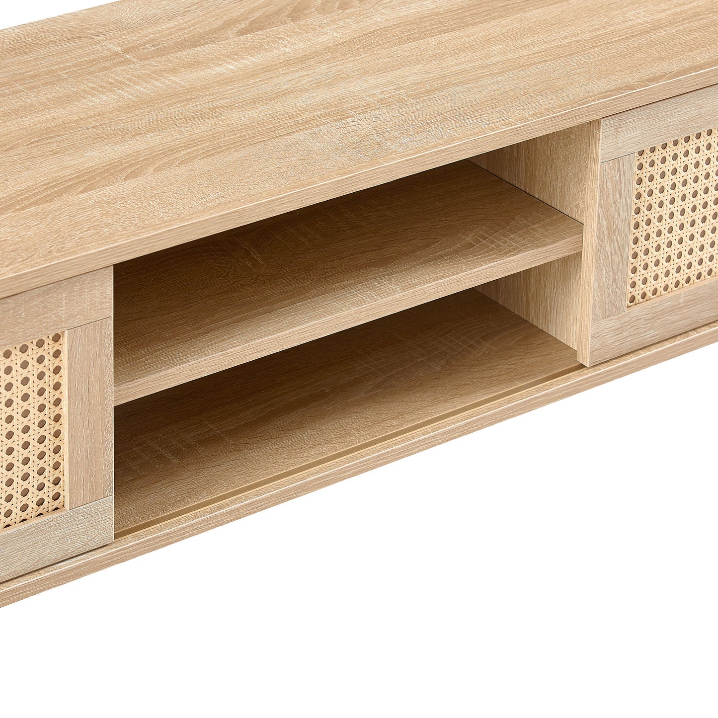55.12" Rattan TV Cabinet, Double Sliding Doors For Storage, Adjustable Shelf, Solid Wood Legs, TV Console For Living Room - Natural
