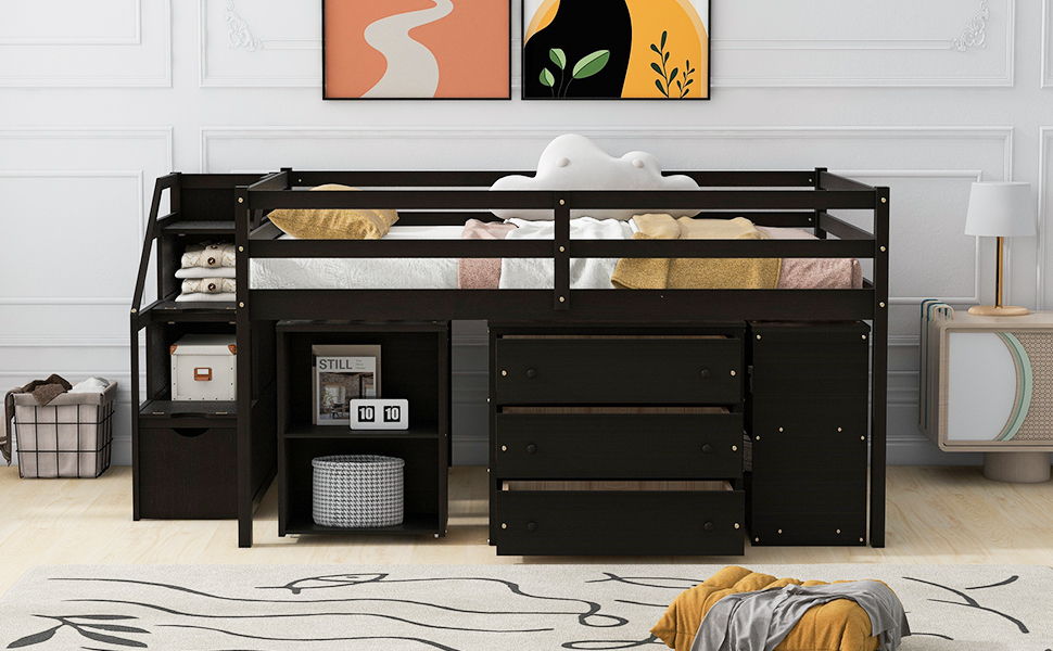 Full Size Loft Bed With Retractable Writing Desk And 3 Drawers With Storage Stairs And Shelves - Espresso