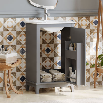 Modern Small Bathroom Vanity Cabinet With Ceramic Basin, Ample Storage, 1 Soft-Close Door - Gray