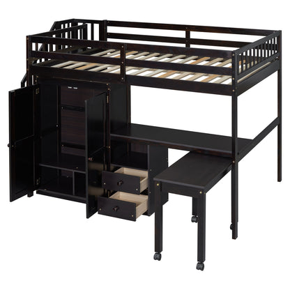 Full Size Loft Bed With Stairs, Bookshelf, Drawers, Desk & Wardrobe, Space Saving Multifunctional Furniture - Espresso