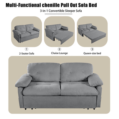 Modern Convertible Sleeper Sofa Bed With Pull Out Queen Design, Side Storage & Thick Cushions Chenille Loveseat For Living Room Or Bedroom 3 In 1 Function - Gray