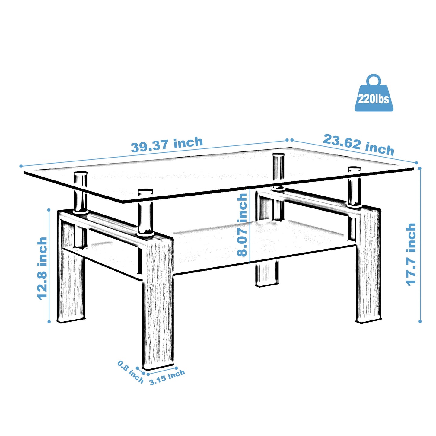 Rectangle Glass Coffee Table Modern Side Center Table For Living Room - Clear