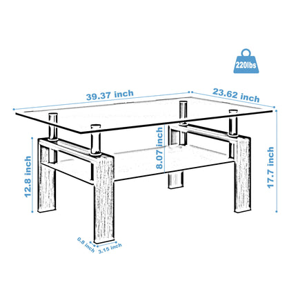 Rectangle Glass Coffee Table Modern Side Center Table For Living Room - Clear