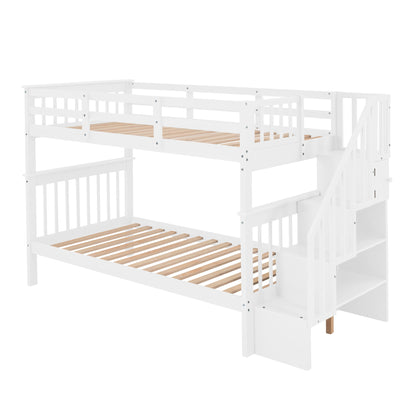 Twin Over Twin Stairway Bunk Bed With Storage And Guard Rail For Bedroom - White