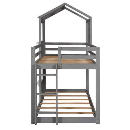 Twin Over Twin Bunk Bed With Roof, Window, Guardrail, Ladder - White