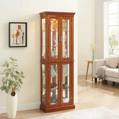 Curio Cabinet Lighted Curio Diapaly Cabinet With Adjustable Shelves And Mirrored Back Panel, Tempered Glass Doors (6 Tier), (E26 Light Bulb Not Included) - Walnut