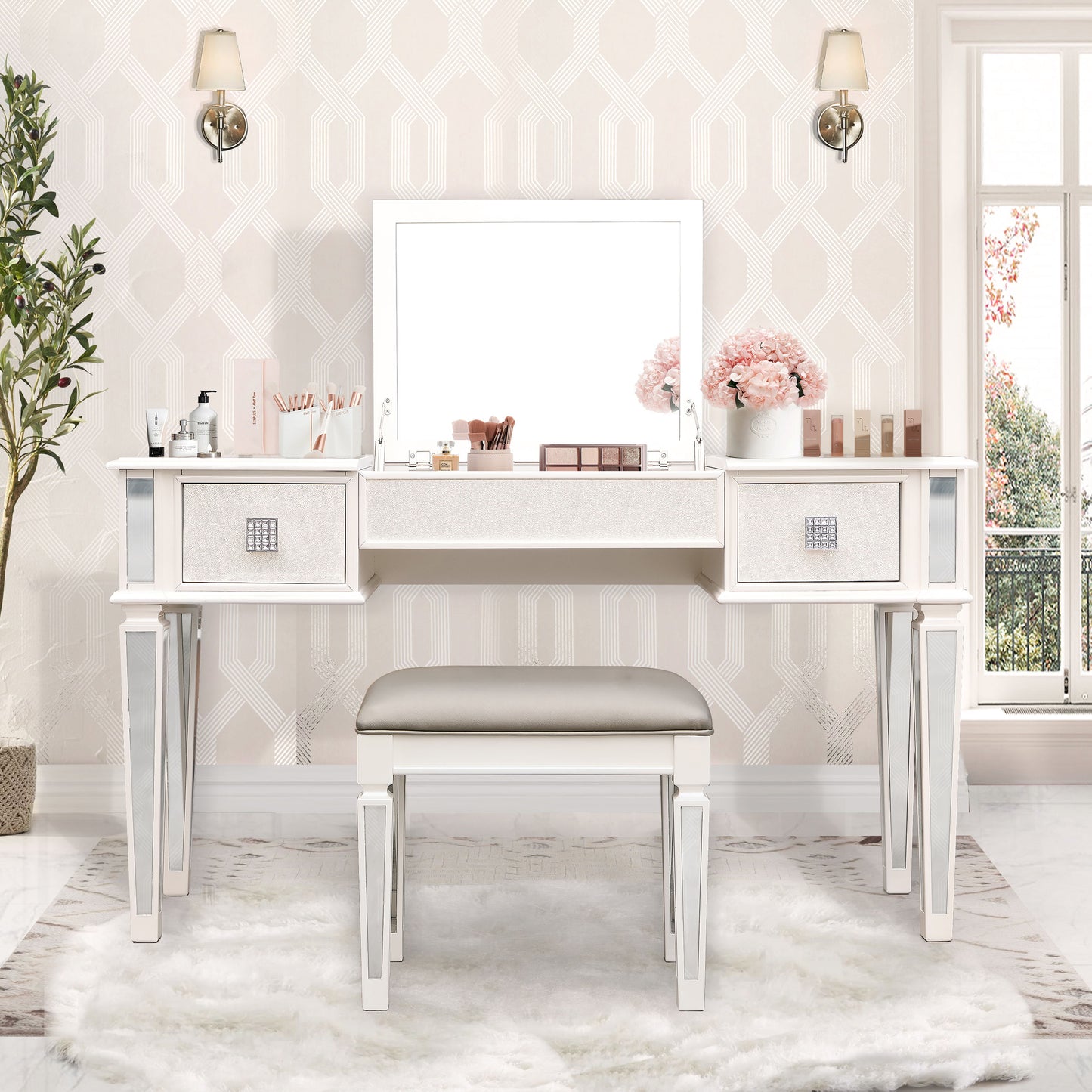 Elegant Mirrored Vanity Desk Set With Drawers And Flip Up Mirror, Silver Finish, Glass And Wood - White