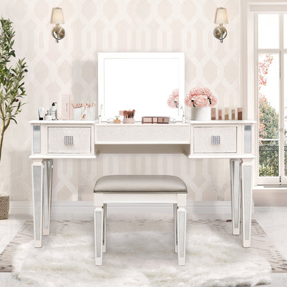 Elegant Mirrored Vanity Desk Set With Drawers And Flip Up Mirror, Silver Finish, Glass And Wood - White