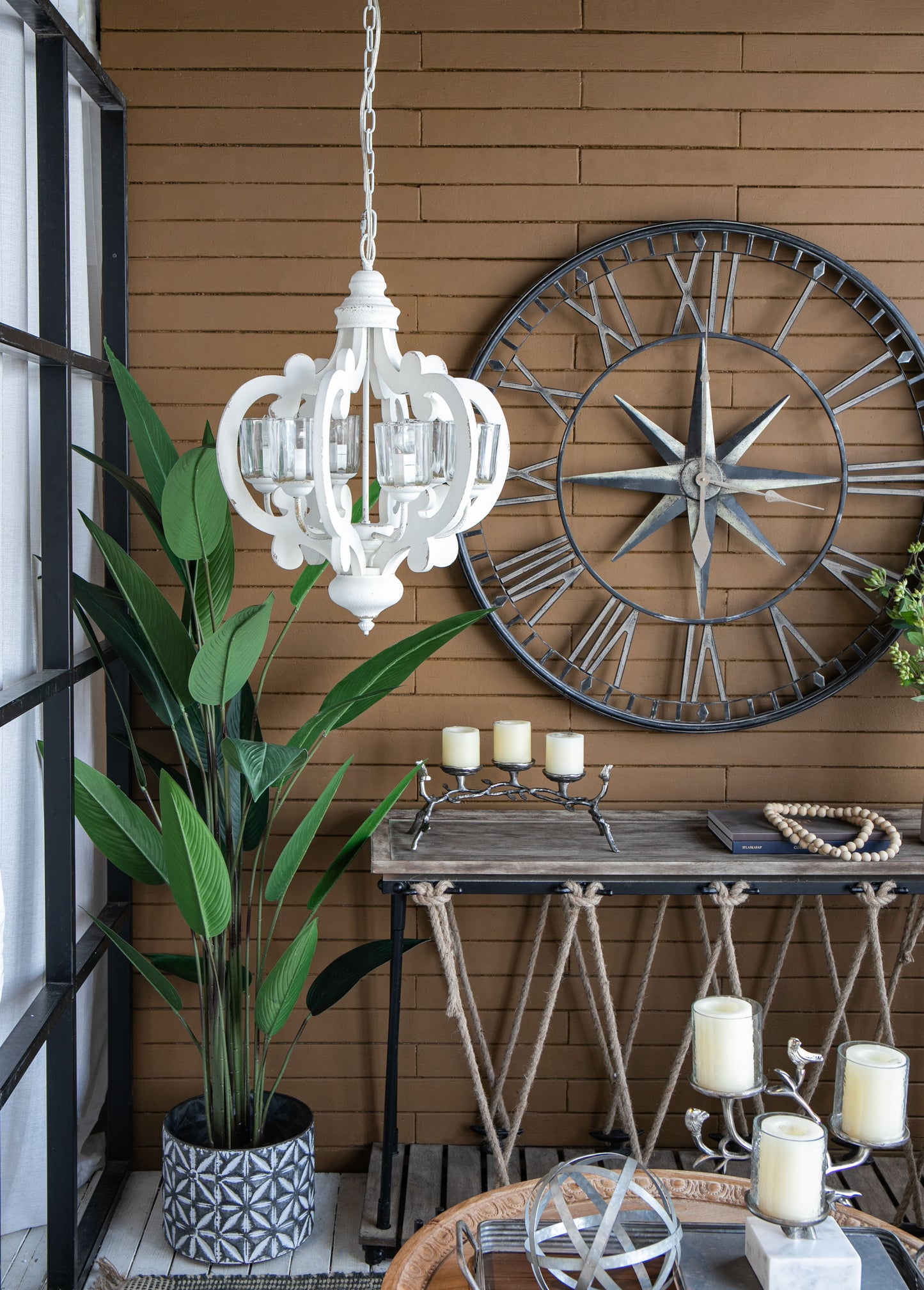 Farmhouse Chandelier, 6 Light Wood Chandelier Pendant Light Fixture With Adjustable Chain For Dining Room Living Room Entryway, Bulb Not Included - Cream