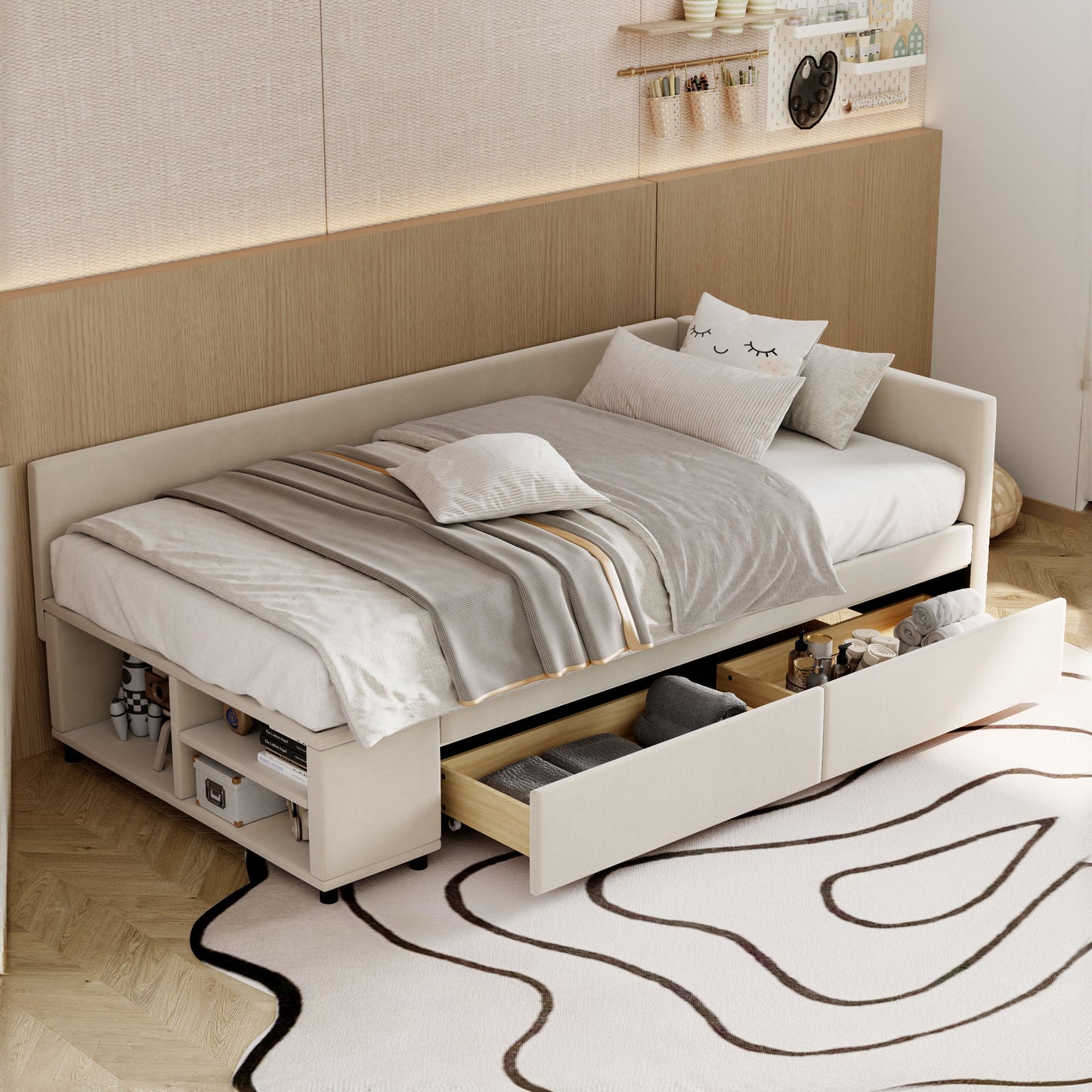Twin L Shaped Upholstered Platform Bed With Storage And Drawers - Beige
