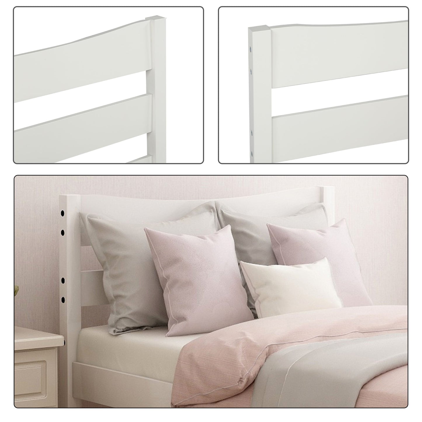 Twin Size Platform Bed With Headboard And Slat Support - White