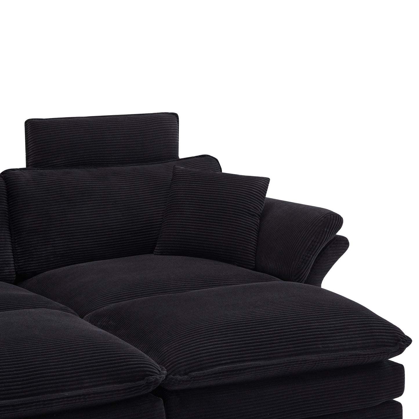 Modern Corduroy, Deep Seat Sectional Sofa With Ottomans, Comfortable Cloud Sofa - Black