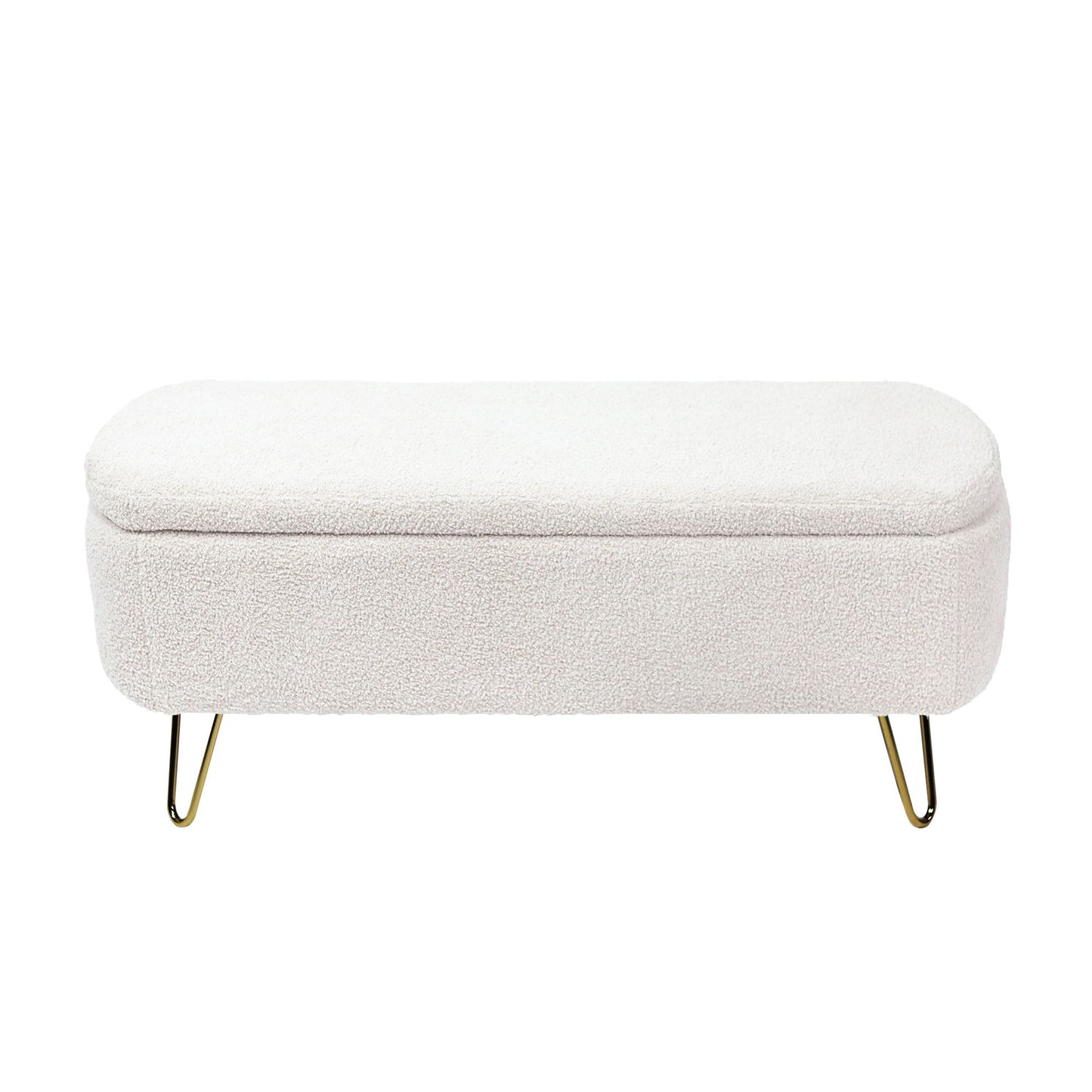 Storage Ottoman Bench For End Of Bed Gold Legs, Modern Ivory White Faux Fur Entryway Bench Upholstered Padded With Storage For Living Room Bedroom - Ivory