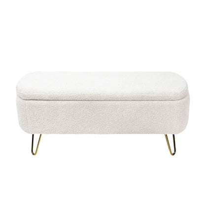 Storage Ottoman Bench For End Of Bed Gold Legs, Modern Ivory White Faux Fur Entryway Bench Upholstered Padded With Storage For Living Room Bedroom - Ivory