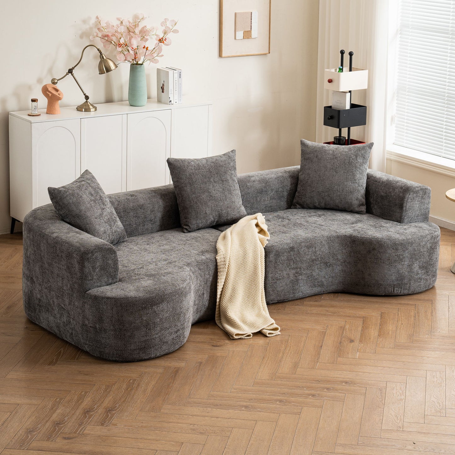 Modern Style Curved Sofa, Soft Cushioned Corduroy Sofa With 3 Pillows, Living Room Super Smooth Curved Fabric Sofa - Gray