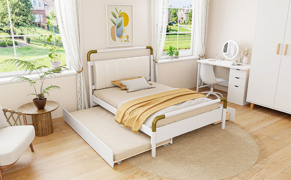 Queen Size Storage Platform Bed, With 2 Big Drawers, Twin Long Size Trundle - White