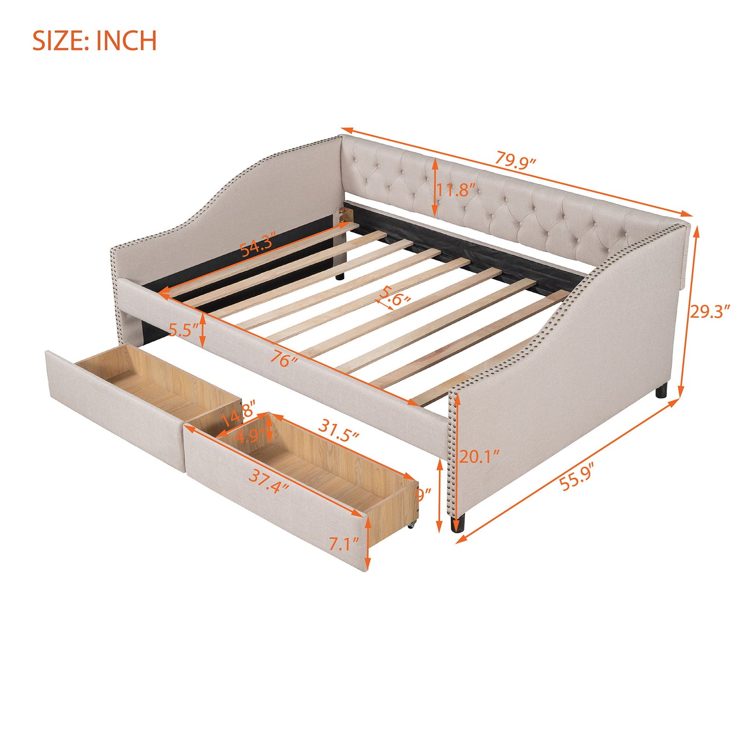 Full Size Upholstered Daybed With Two Drawers, Slat Support - Beige