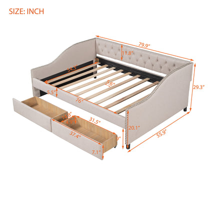 Full Size Upholstered Daybed With Two Drawers, Slat Support - Beige