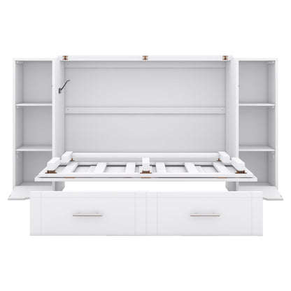 Full Size Murphy Bed With Shelves, Drawers And USB Ports - White