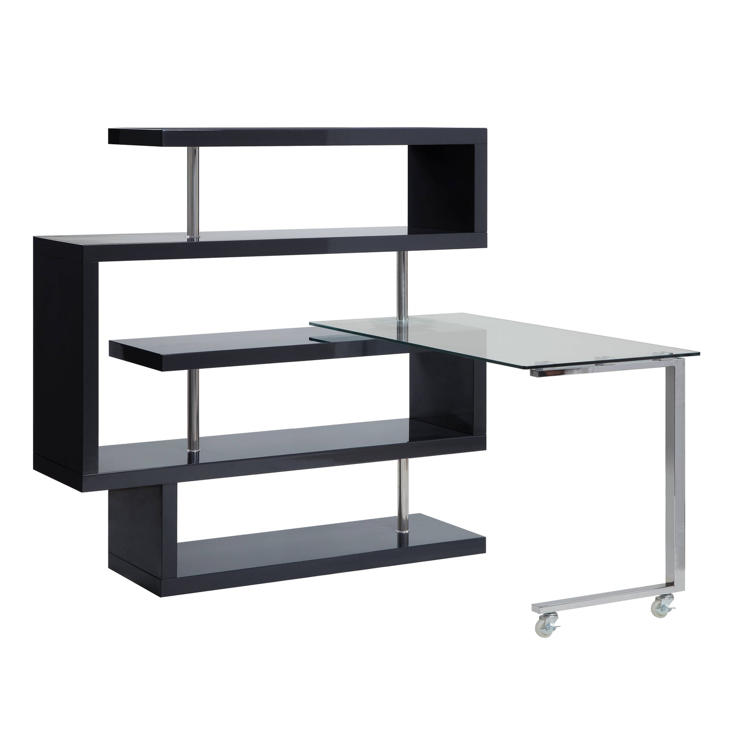 Buck II - Clear Glass, Chrome High Gloss Writing Desk With Shelf - Black