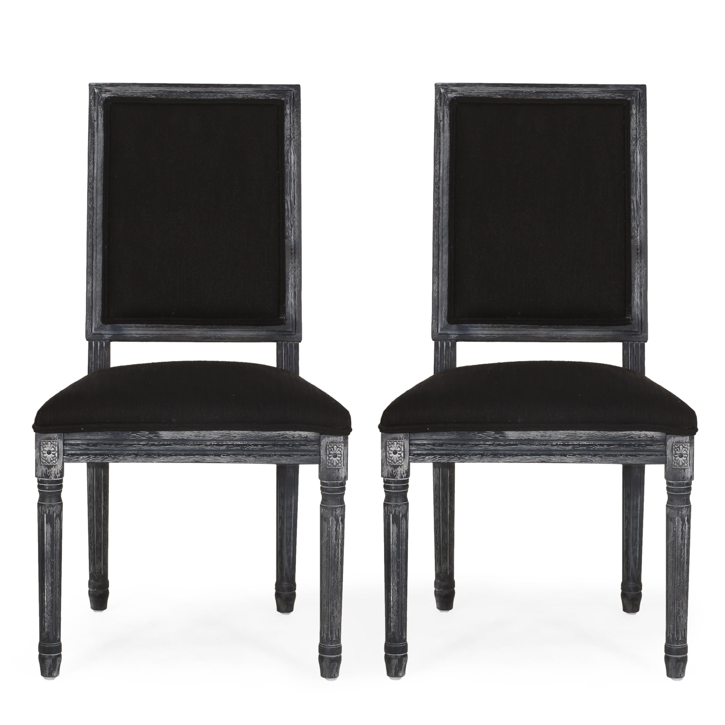 French Country Style Dining Chair Set With Upholstered Seating And Fluted Legs - Black