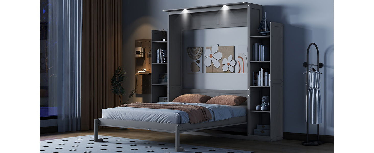 Queen Size Murphy Wall Bed With Shelves And LED Lights - Gray