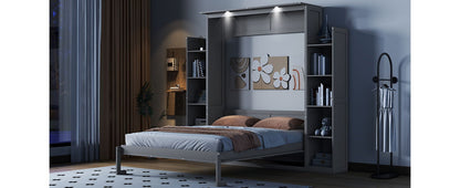Queen Size Murphy Wall Bed With Shelves And LED Lights - Gray