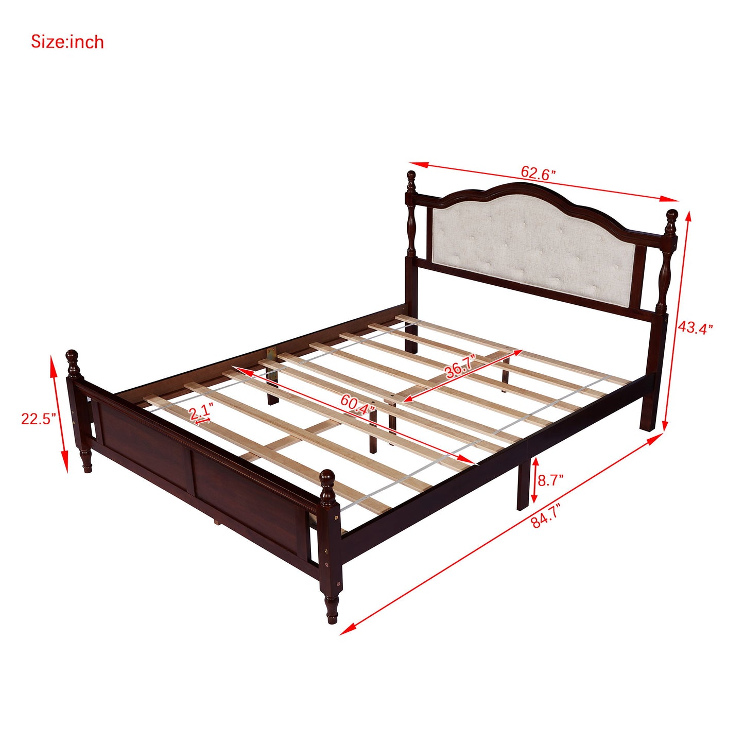 Queen Pine Wooden Bed With Upholstered Headboard And Panel Footboard, With Two Bed Rail Support Feet And Central Platform Support Feet, Classic - Cherry