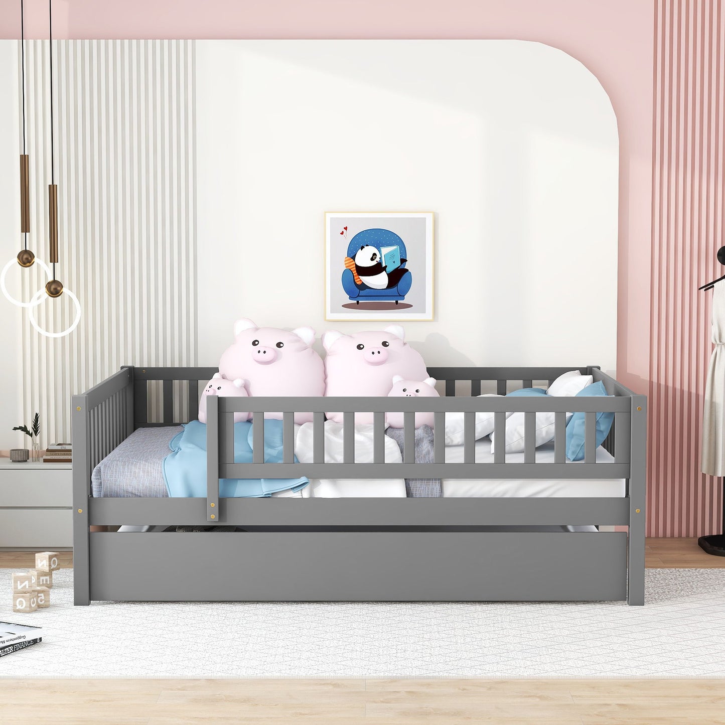 Full Size Daybed With Trundle And Fence Guardrails - Gray