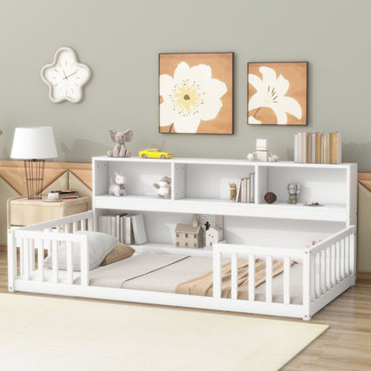 Twin Floor Bed With Bedside Bookcase, Shelves, Guardrails - White