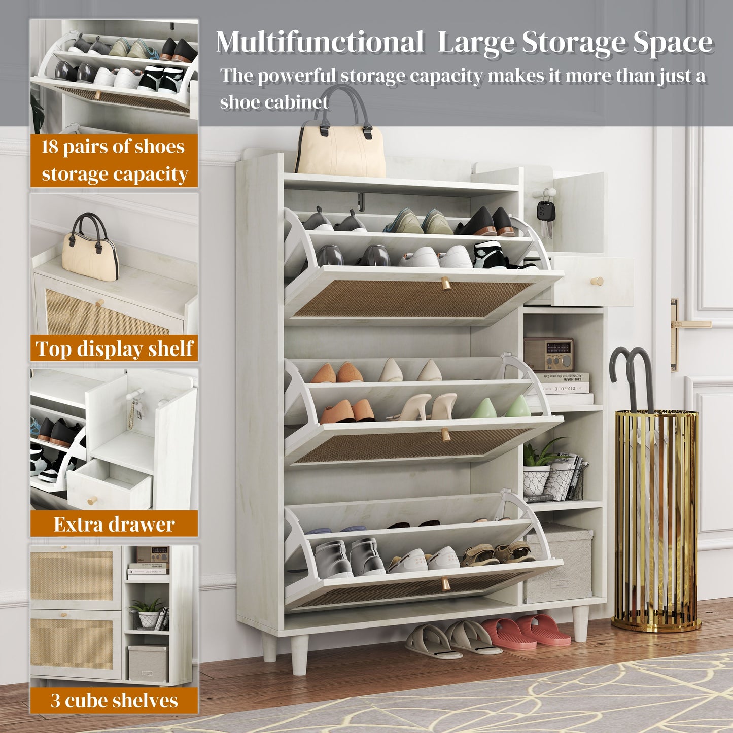 Natural Bohemia Style Shoe Cabinet, Shoe Rack Cabinet With 3 Rattan Flip Drawers, 3 Square Shelves And 1 Storage Drawer, Shoe Organizer With Mulit Storage Space And Hooks For Hallway, Entryway - White