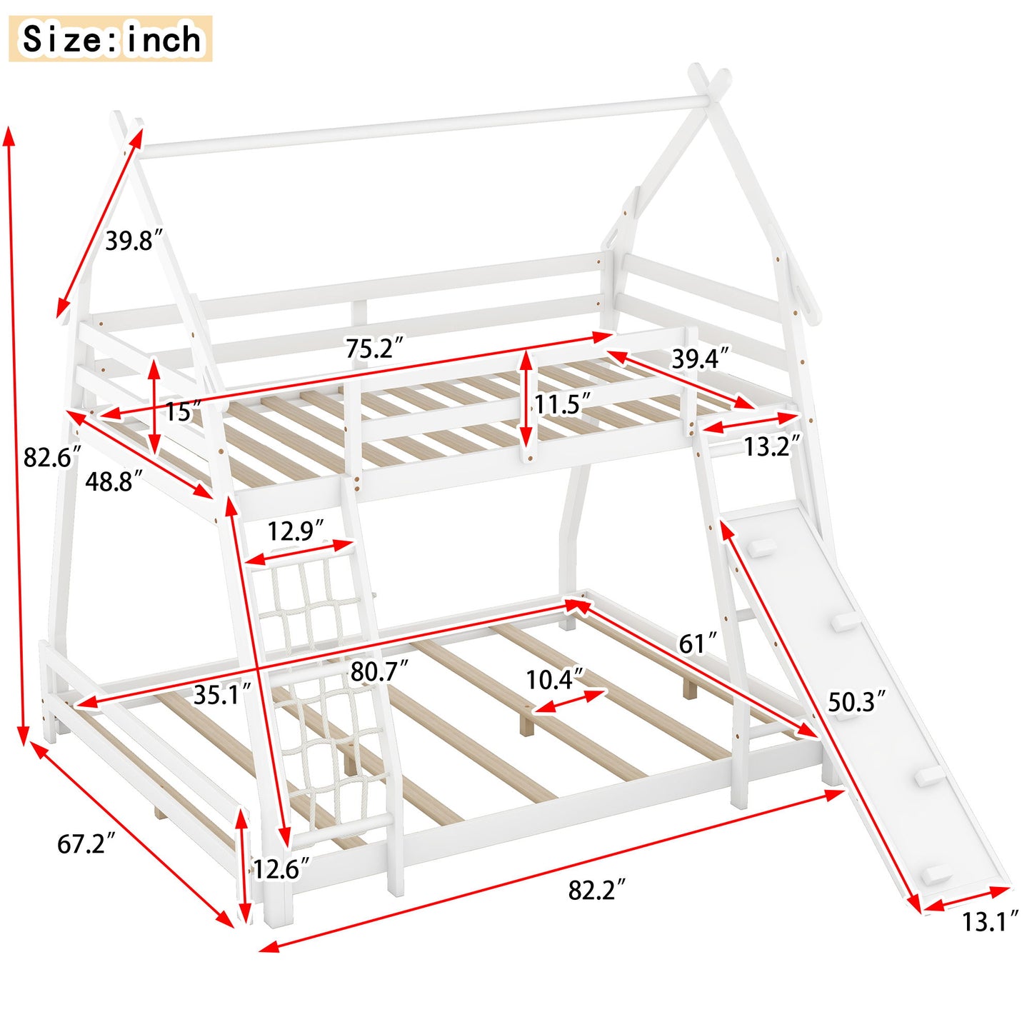 Twin Over Queen House Bunk Bed With Climbing Nets And Climbing Ramp - White