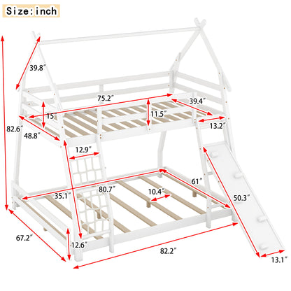 Twin Over Queen House Bunk Bed With Climbing Nets And Climbing Ramp - White