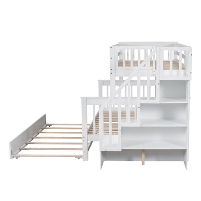 Twin Over Full Bunk Bed With Twin Size Trundle, Storage And Guard Rail For Bedroom - White