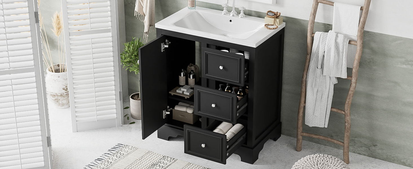 Bathroom Vanity Cabinet With Ceramic Basin, 3 Drawers And Adjustable Shelves - Black