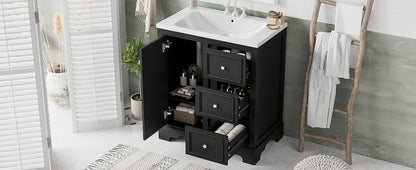 Bathroom Vanity Cabinet With Ceramic Basin, 3 Drawers And Adjustable Shelves - Black