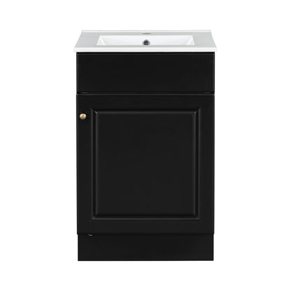 20" Bathroom Vanity With Sink, Freestanding Cabinet With Door Shelf And Adjustable Shelf, And Ceramic Construction - Black