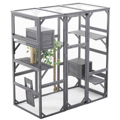 Outdoor Diy Cat House Catio With Double Enter Doors, Platforms, And Condos - Dark Gray