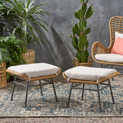 Outdoor Modern Boho Wicker Ottoman With Cushions (Set of 2) - Beige / Brown
