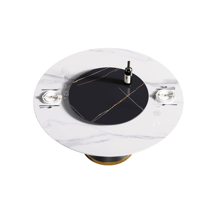 59.05" Modern Artificial Stone Round Carbon Steel Base Dining Table, Black Artificial Stone Turntable - White / Black